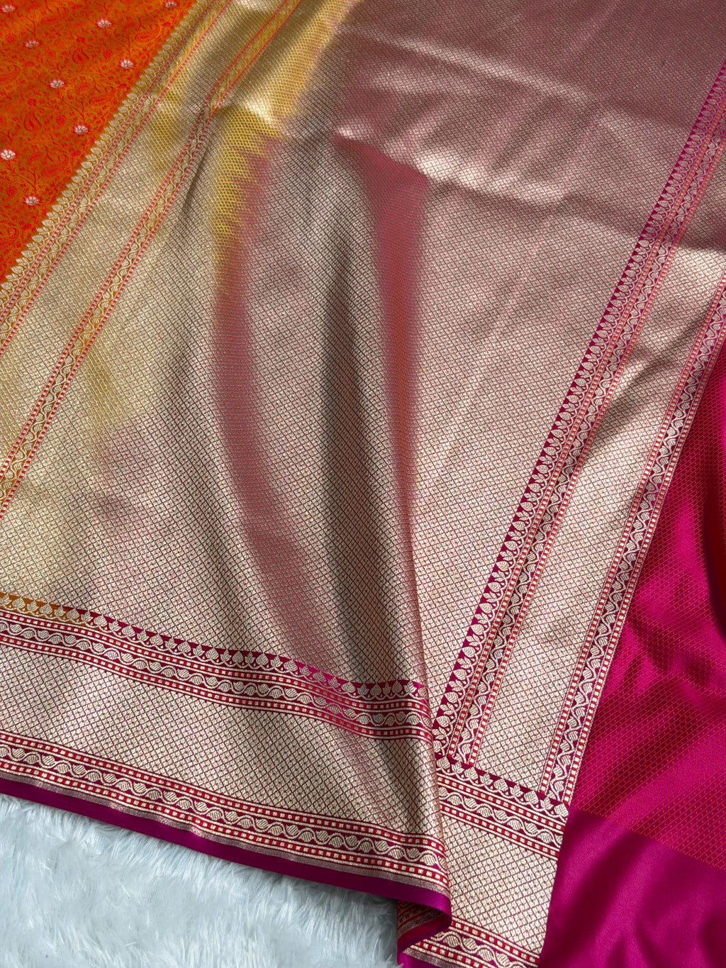 Banarasi Mashru Satin Silk Saree Tanchoi Pattern Contrast Orange with Rani Shades MSK25