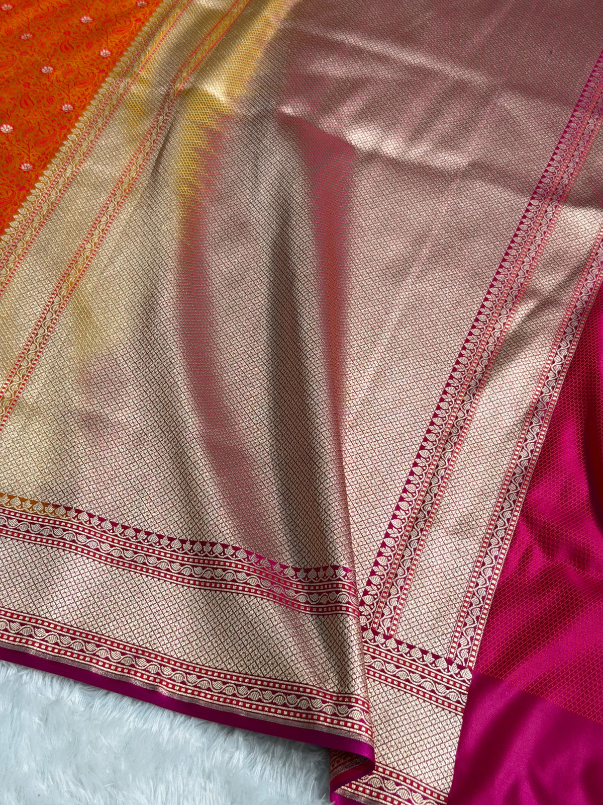 Banarasi Mashru Satin Silk Saree Tanchoi Pattern Contrast Orange with Rani Shades MSK25