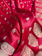 Banarasi Mashru Satin Silk Saree Floral Booti Scallop Pattern In Rani Pink Shades MSC07