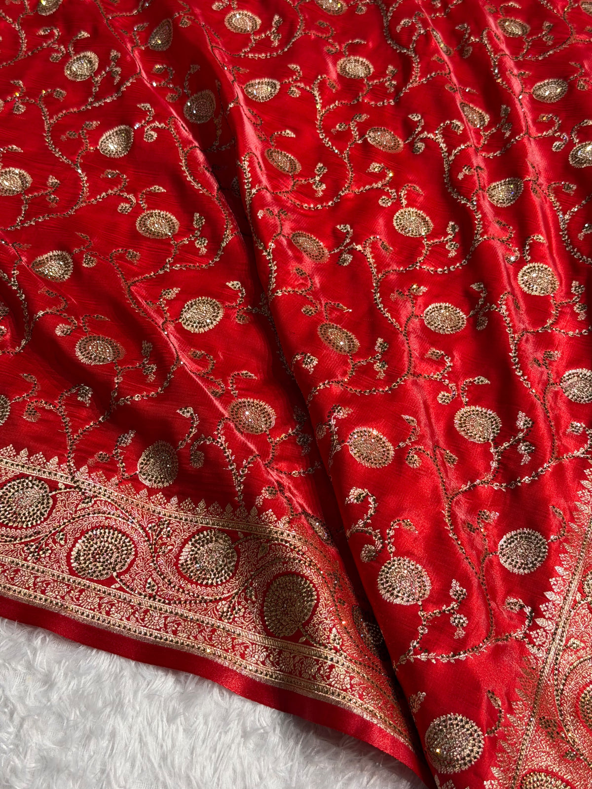 Banarasi Satin Silk Saree with Swarovski Stone work Jaal Pattern in Red Shades BSS16