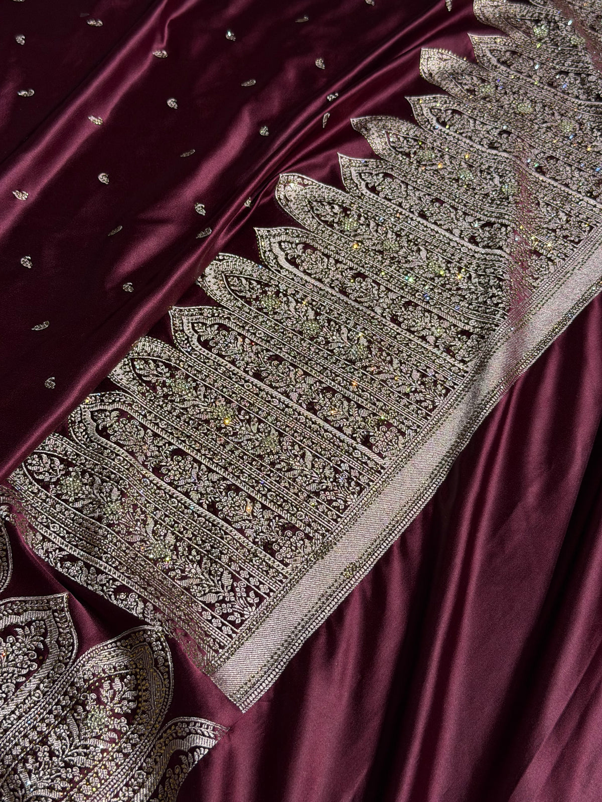 Bridal Banarasi Mashru Satin Silk Saree Skirt Pattern with Swarovski Work in Deep Maroon Shades BMSC02