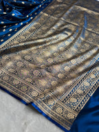 Banarasi Satin Silk Saree Cross Pattern in German Blue Shades SS02