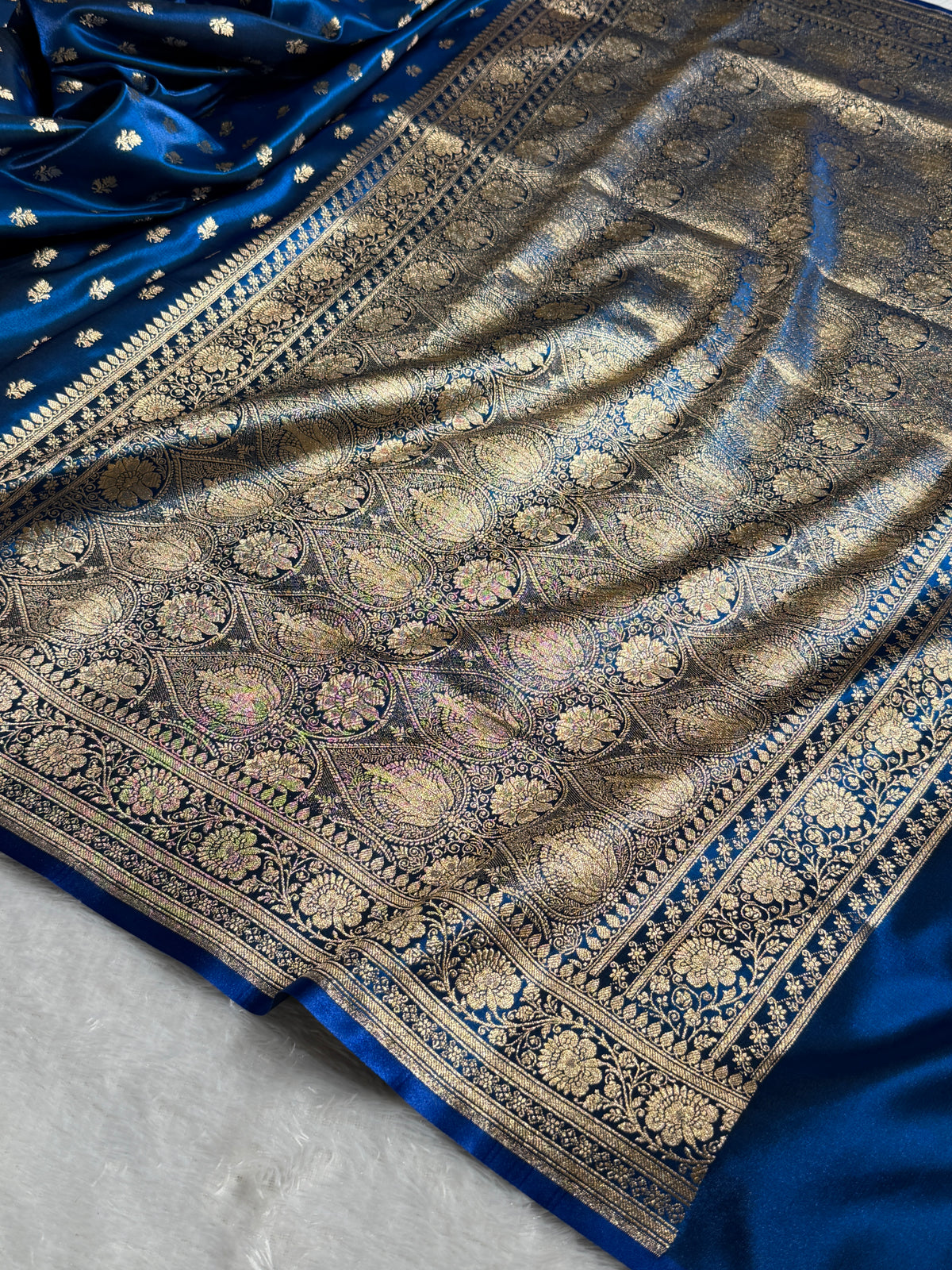 Banarasi Satin Silk Saree Cross Pattern in German Blue Shades SS02