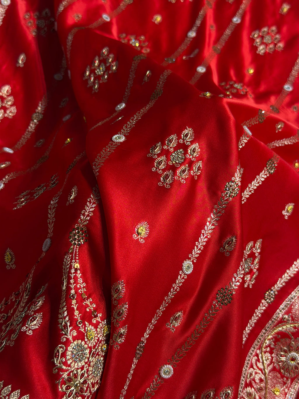 Banarasi Satin Katan Silk Saree with Ari Zardozi Handwork Striped Pattern in Red Shades BSK06