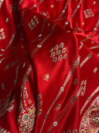 Banarasi Satin Katan Silk Saree with Ari Zardozi Handwork Striped Pattern in Red Shades BSK06