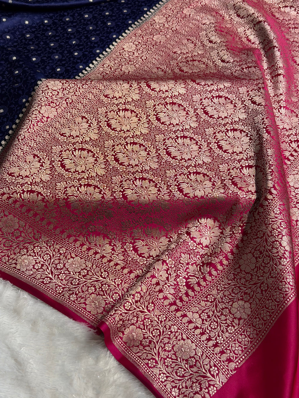Banarasi Mashru Satin Silk Saree Tanchoi  Pattern Contrast Navy Blue & Rani Shades MSC04