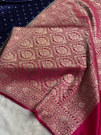 Banarasi Mashru Satin Silk Saree Tanchoi  Pattern Contrast Navy Blue & Rani Shades MSC04