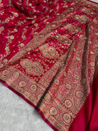 Bridal Satin Silk Saree With Zardozi Pearl Work Cross Pattern Rani Shades BSS01