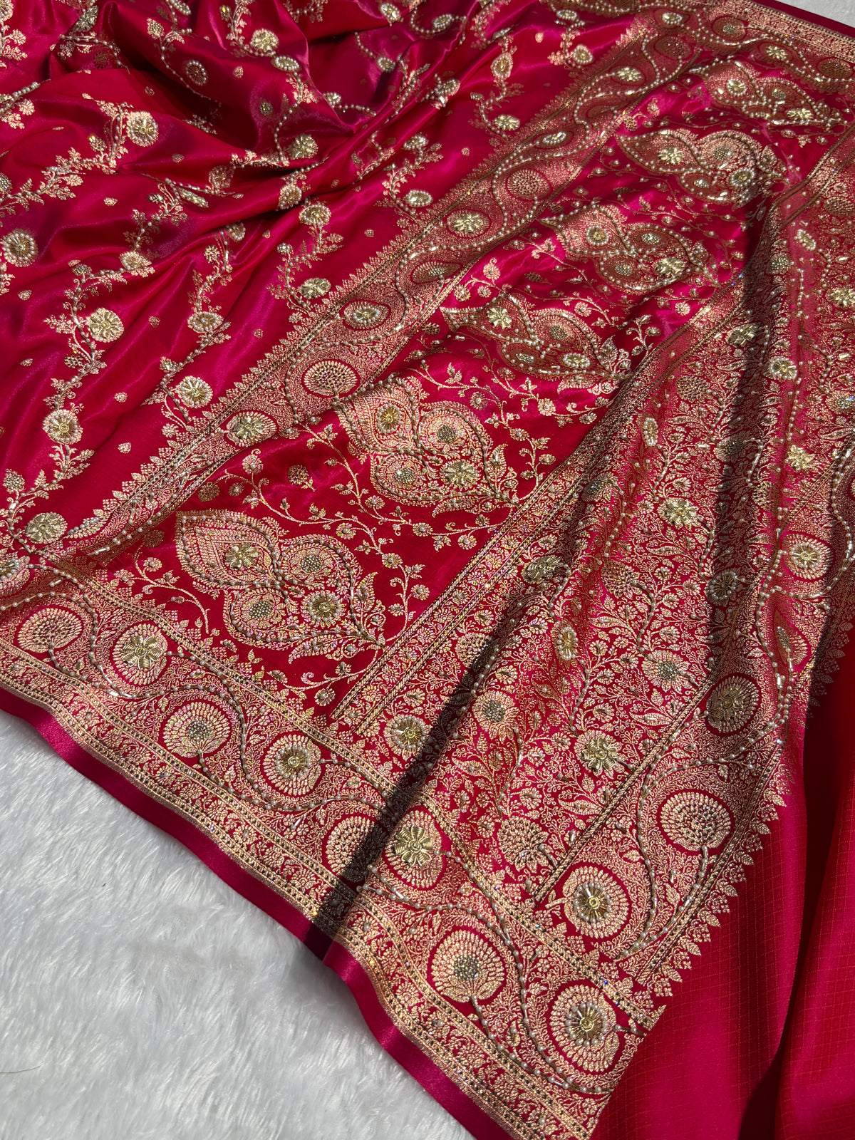 Bridal Satin Silk Saree With Zardozi Pearl Work Cross Pattern Rani Shades BSS01