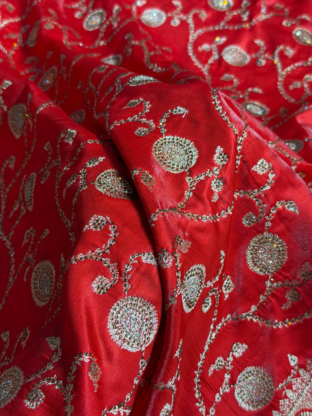 Banarasi Satin Silk Saree with Swarovski Stone work Jaal Pattern in Red Shades BSS16