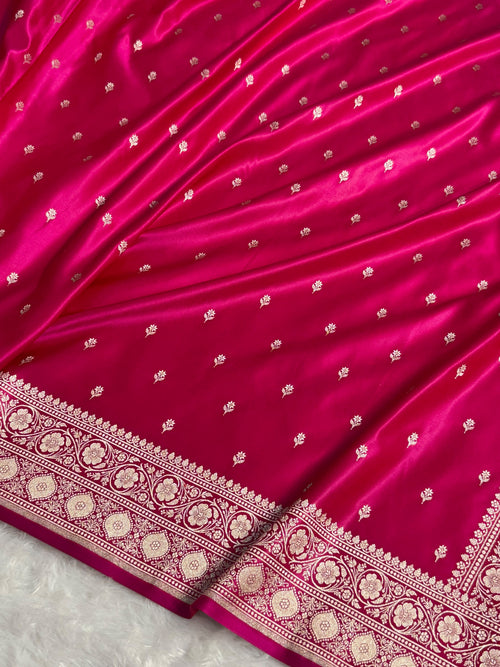 Banarasi Mashru Satin Silk Saree Booti Pattern Rani Pink Shades MSK26