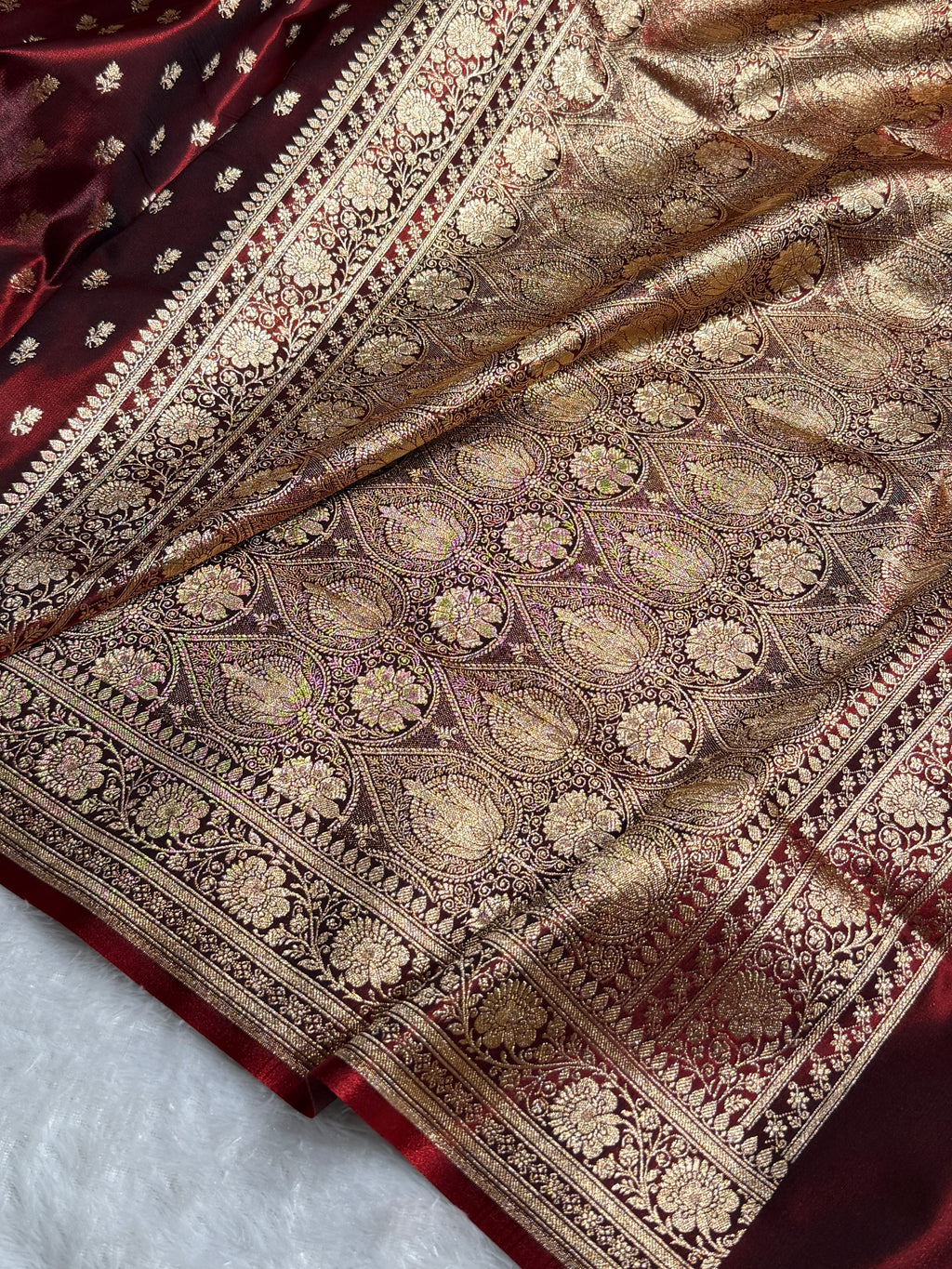 Banarasi Satin Silk Saree Cross Pattern in Maroon Shades SS02