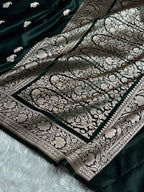 Banarasi Mashru Satin Silk Saree Booti Pattern in Dark Bottle Green Shades MSK06