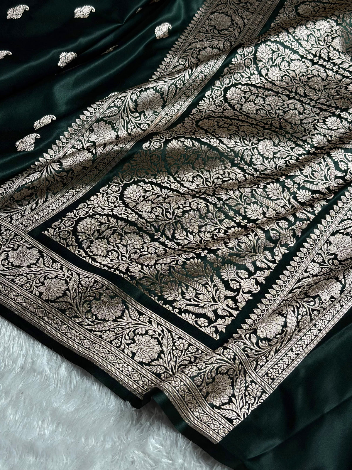 Banarasi Mashru Satin Silk Saree Booti Pattern in Dark Bottle Green Shades MSK06
