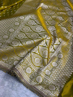 Banarasi Mashru Satin Silk Saree Booti Pattern with Ghungroo Gotta Patti Work Mahndi Gold Shades MSKGP25