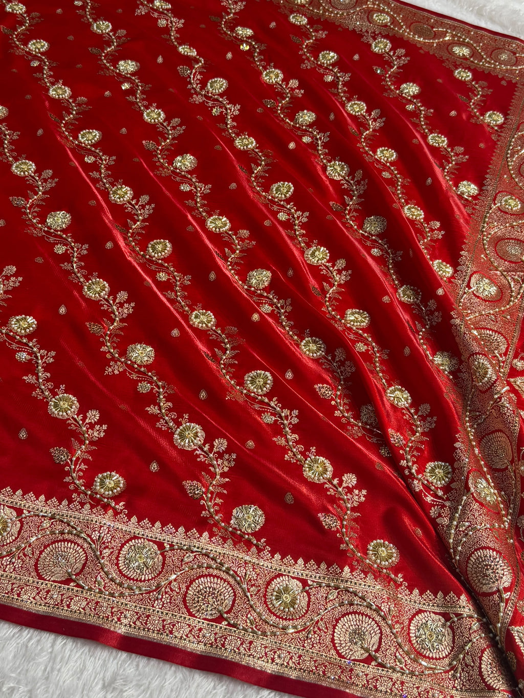 Bridal Satin Silk Saree With Zardozi Pearl Work Cross Pattern Red Shades BSS01