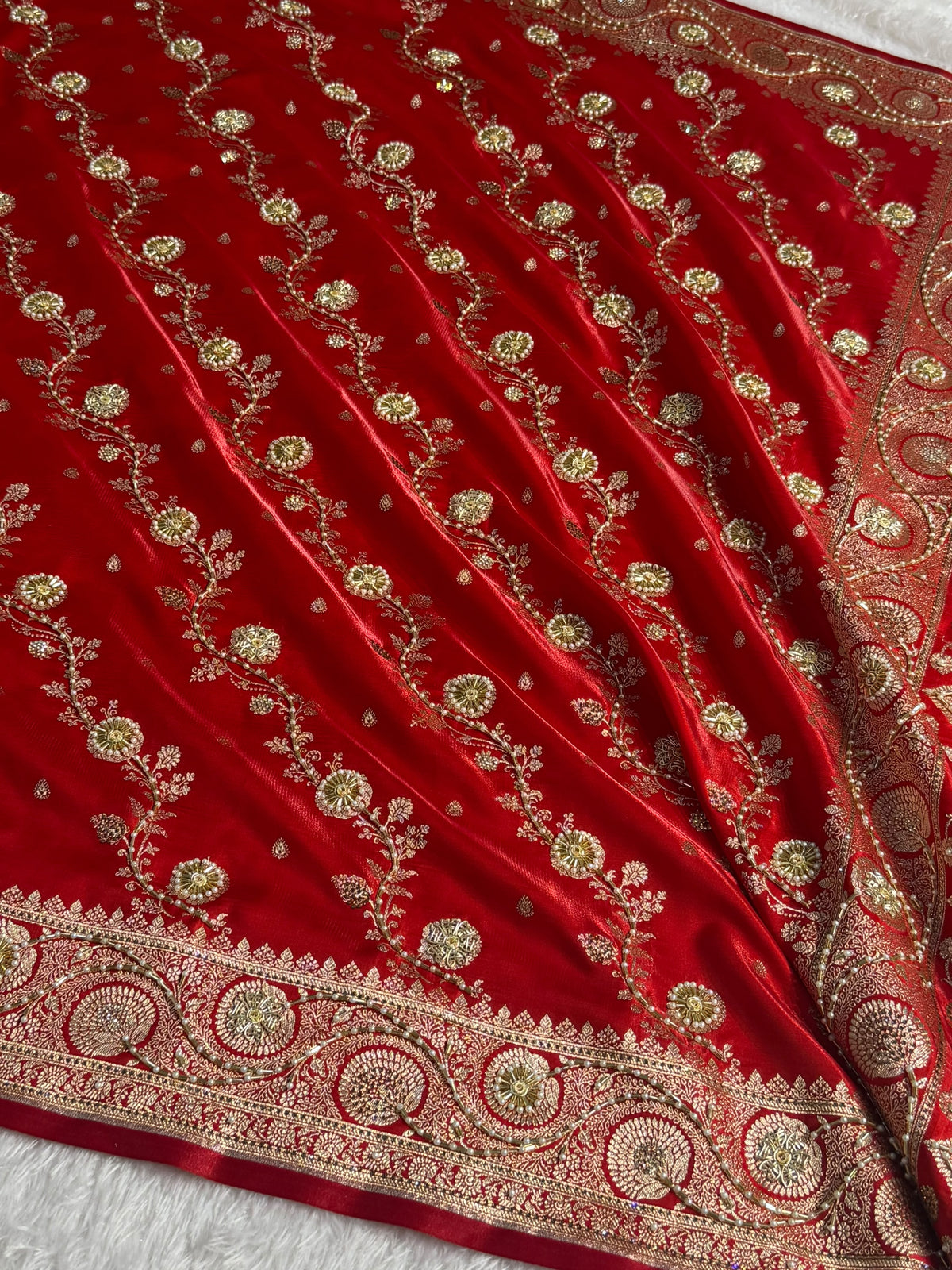 Bridal Satin Silk Saree With Zardozi Pearl Work Cross Pattern Red Shades BSS01