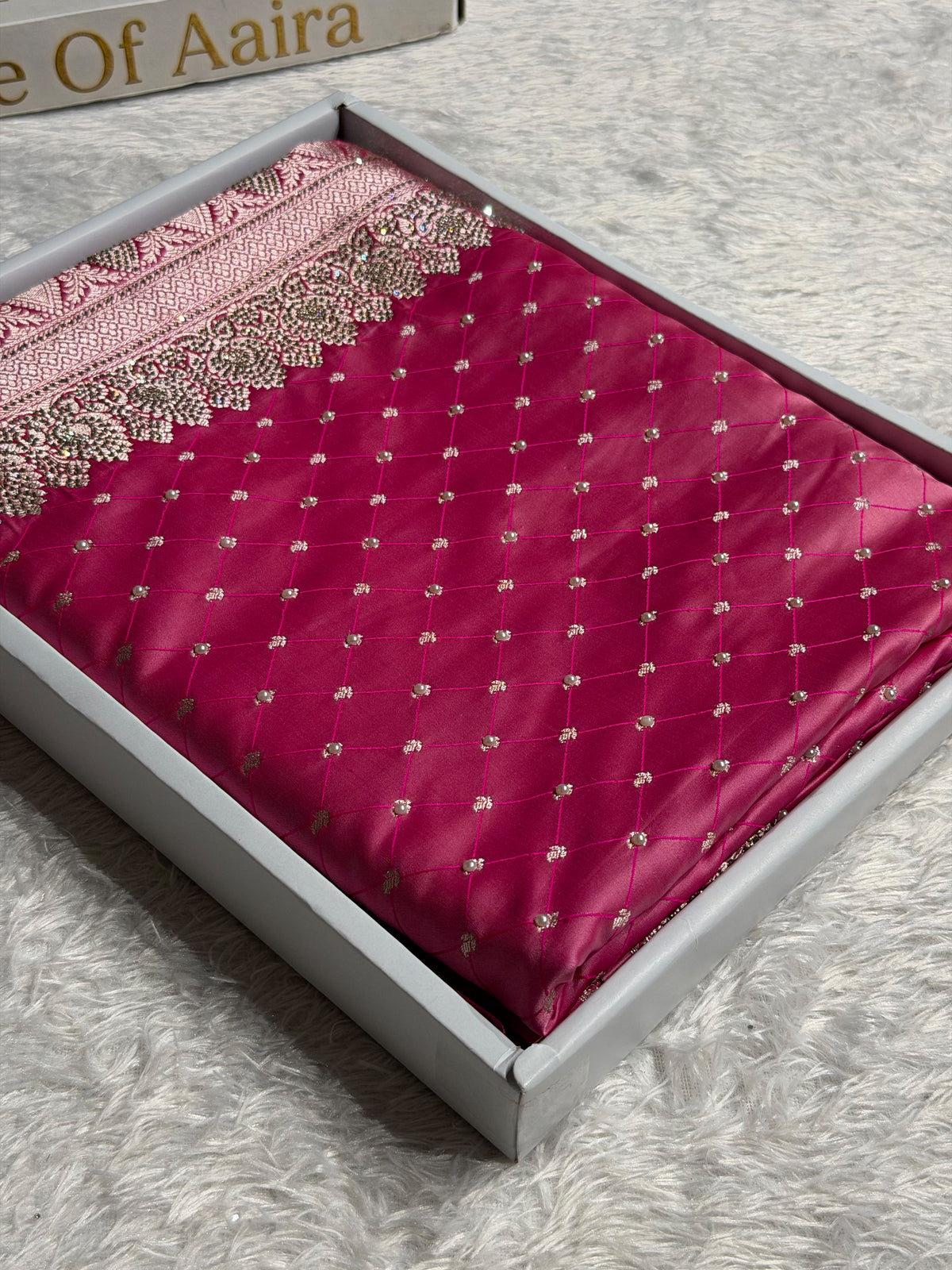 Banarasi Mashru Satin Silk Saree With Pearls & Swarovski Stone work Tanchoi Pattern Baby Pink Shades BMSK20