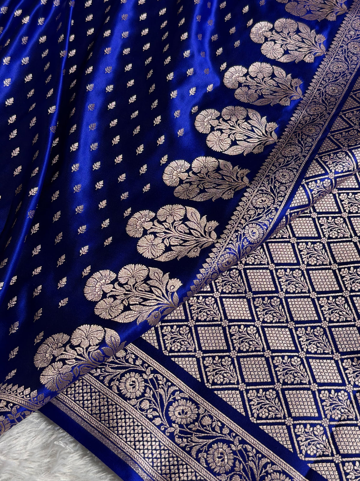 Banarasi Mashru Satin Silk Saree Booti Pattern in Royal Blue Shades MSK10