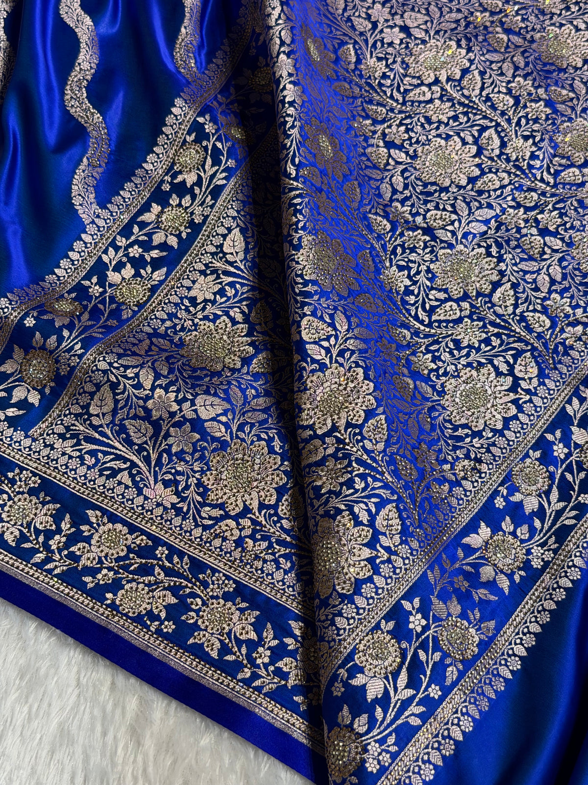 Bridal Mashru Satin Silk Saree With Swarovski Work Cross Pattern Royal Blue Shades BMSK12