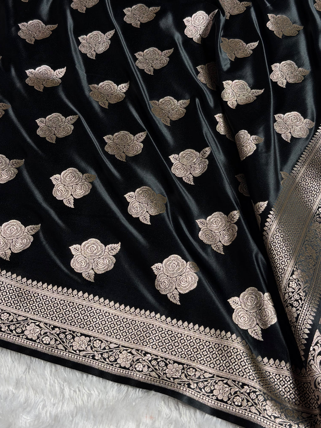 Banarasi Mashru Satin Silk Saree Boota Pattern Black Shades MSK15