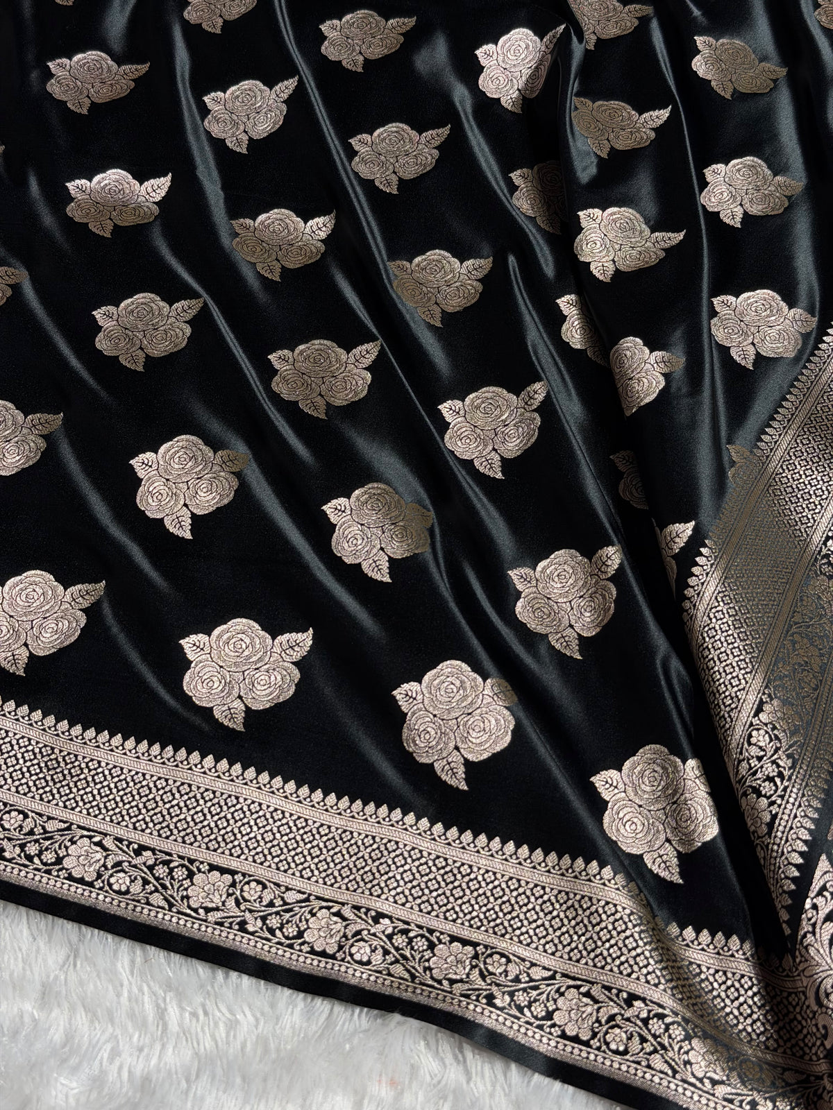 Banarasi Mashru Satin Silk Saree Boota Pattern Black Shades MSK15