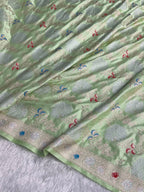 Banarasi Mashru Satin Silk Saree Floral Minakari Jaal Pattern In Pastel Pista Shades MSC11
