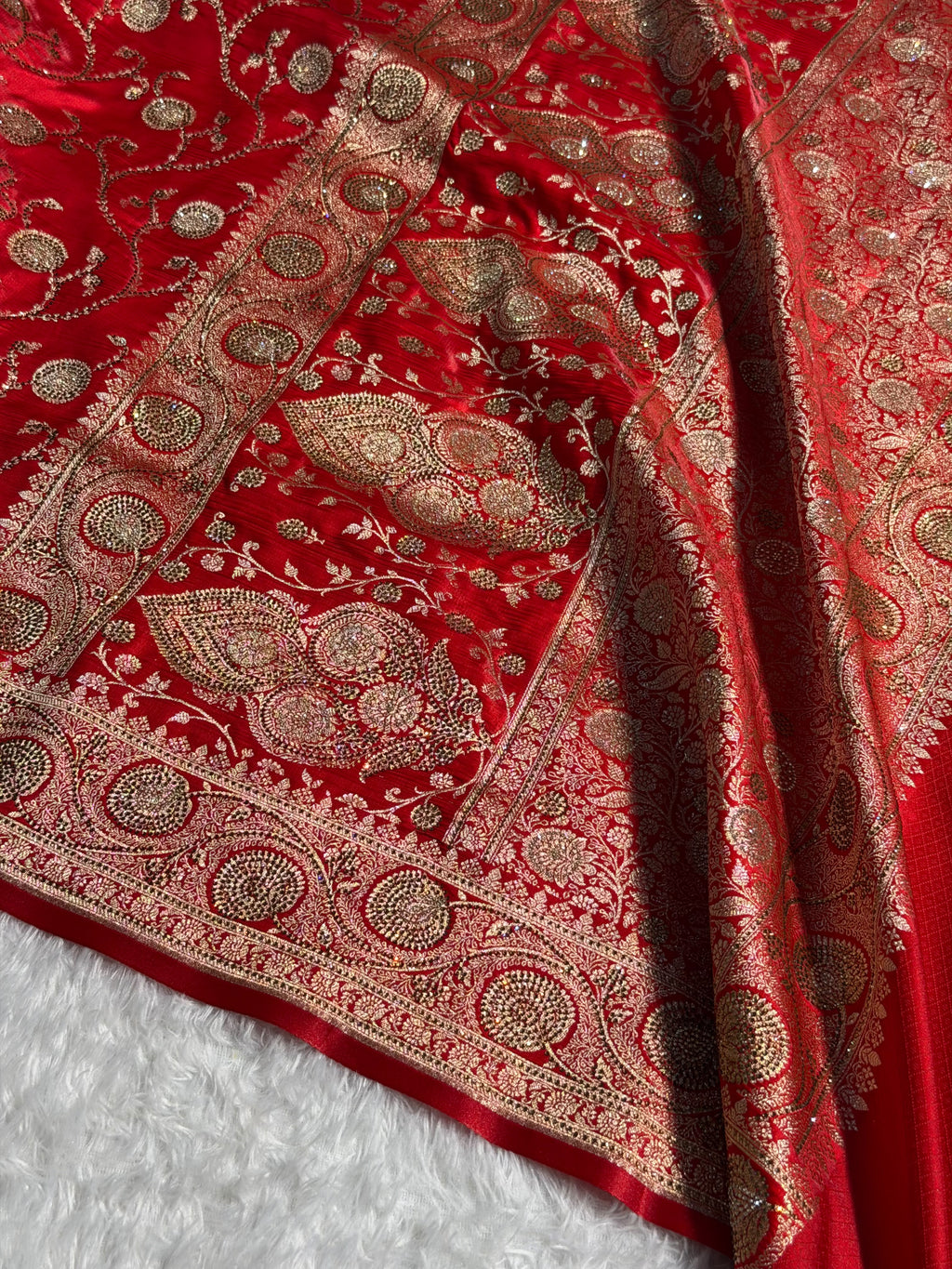 Banarasi Satin Silk Saree with Swarovski Stone work Jaal Pattern in Red Shades BSS16