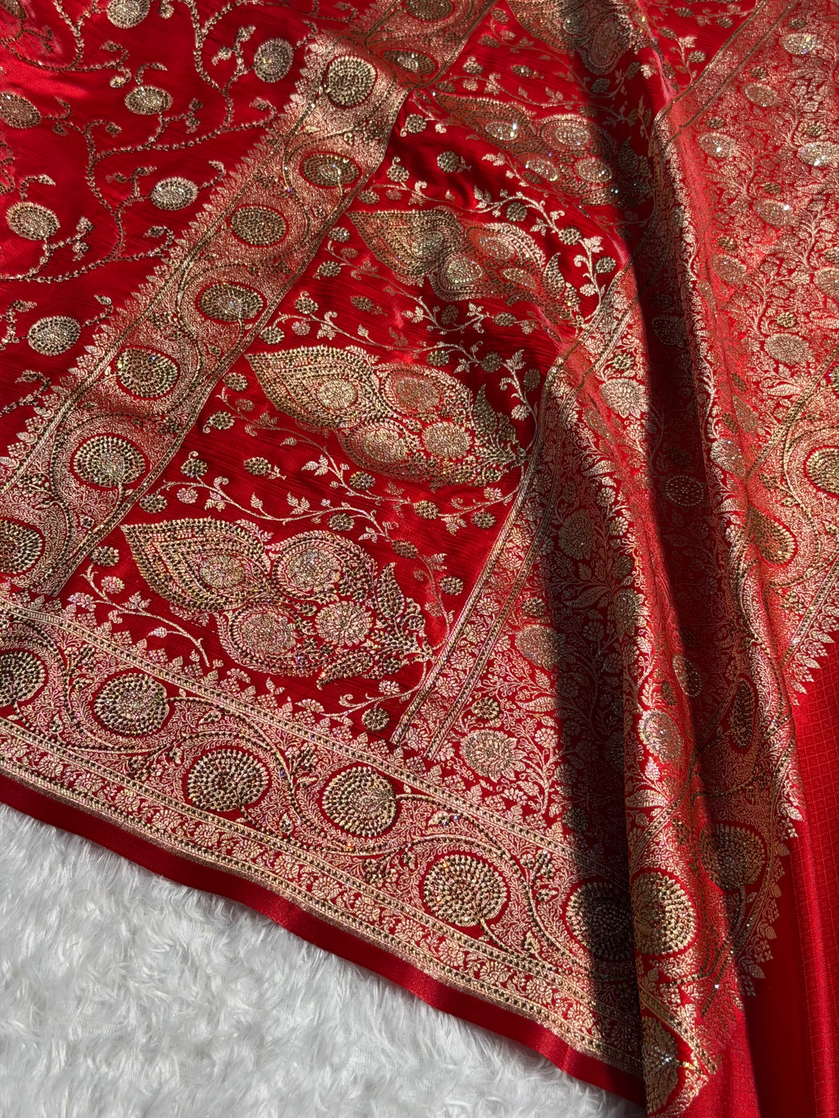 Banarasi Satin Silk Saree with Swarovski Stone work Jaal Pattern in Red Shades BSS16