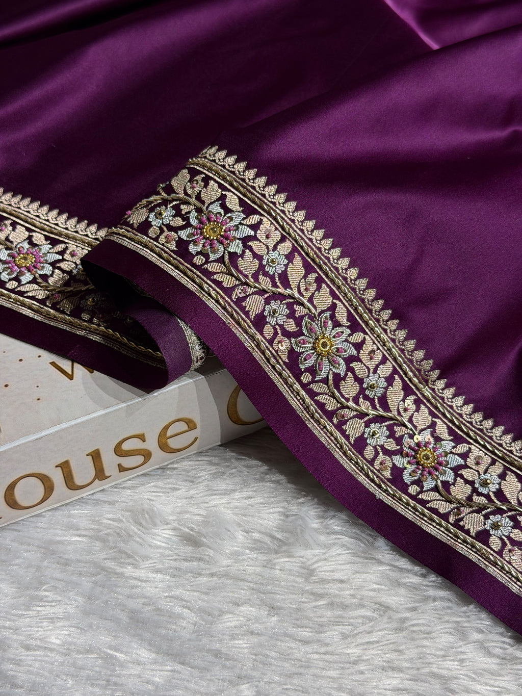Banarasi Mashru Satin Silk Saree with Aari Zardozi Work Plain Pattern in Deep Magenta Shades BMSK37