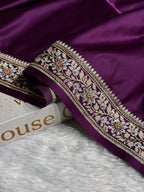 Banarasi Mashru Satin Silk Saree with Aari Zardozi Work Plain Pattern in Deep Magenta Shades BMSK37