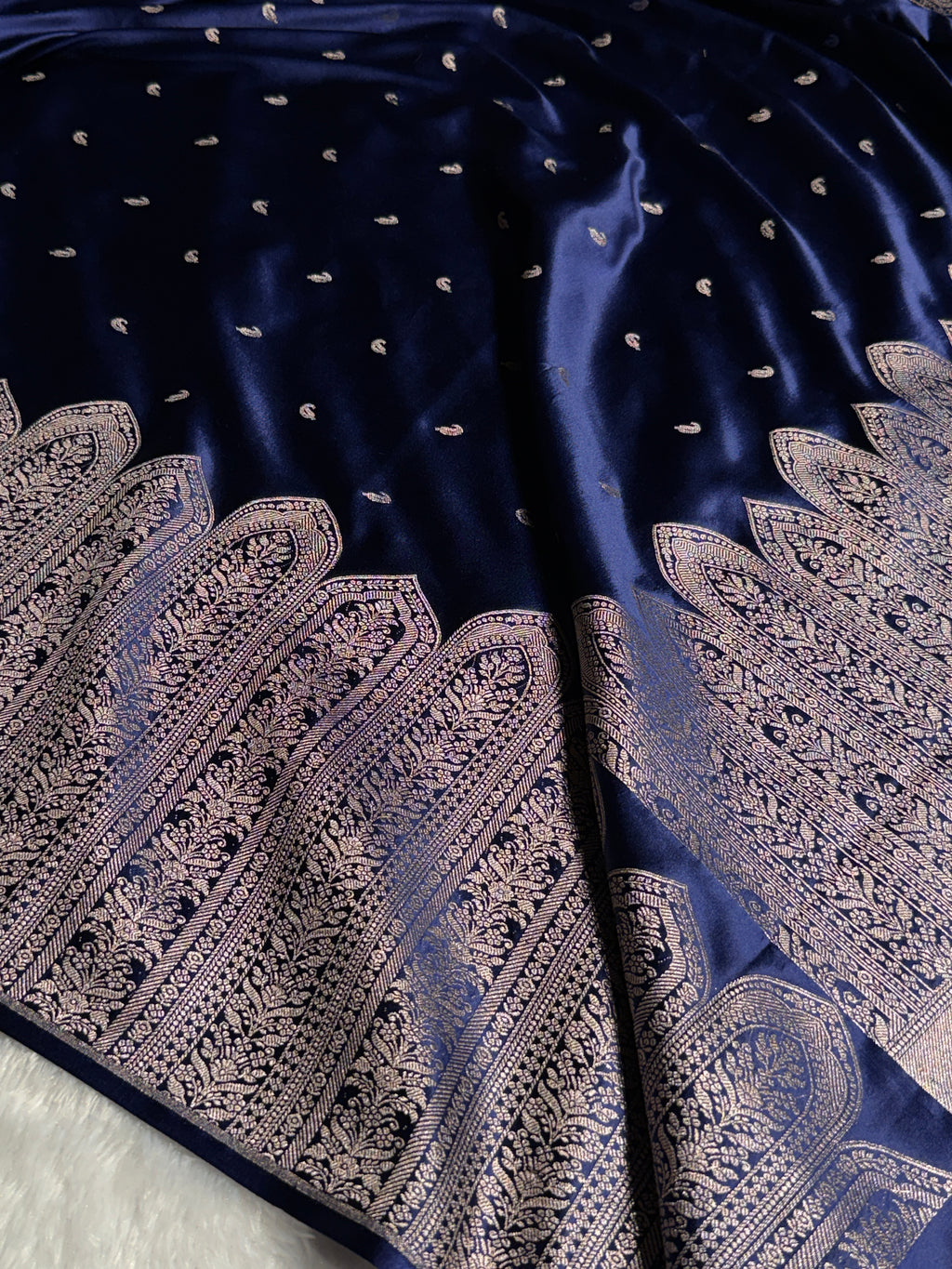 Banarasi Mashru Satin Silk Saree with Scallop Pattern In Navy Blue Shades MSC02
