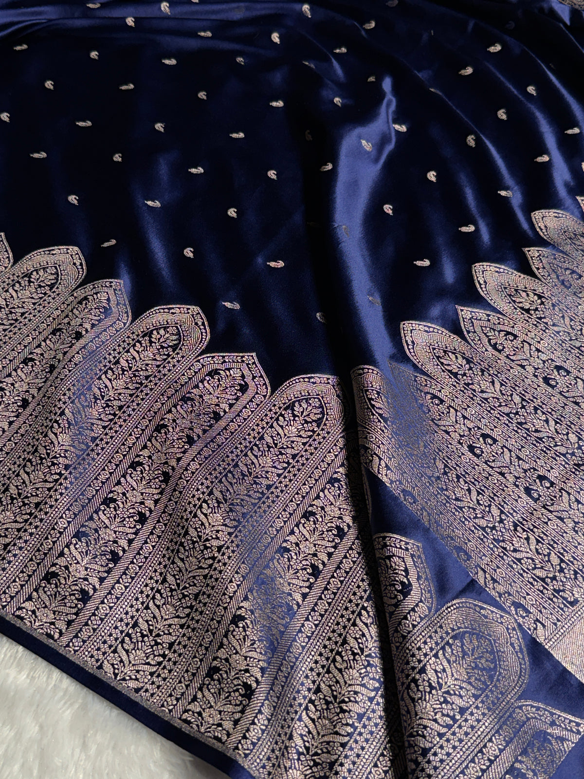 Banarasi Mashru Satin Silk Saree with Scallop Pattern In Navy Blue Shades MSC02