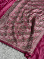 Banarasi Mashru Satin Silk Saree With Pearls & Swarovski Stone work Tanchoi Pattern Baby Pink Shades BMSK20