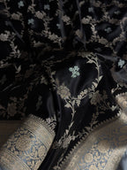 Banarasi Mashru Satin Silk Saree Minakari Floral Jaal Pattern In Black With Grey Shades MSC14