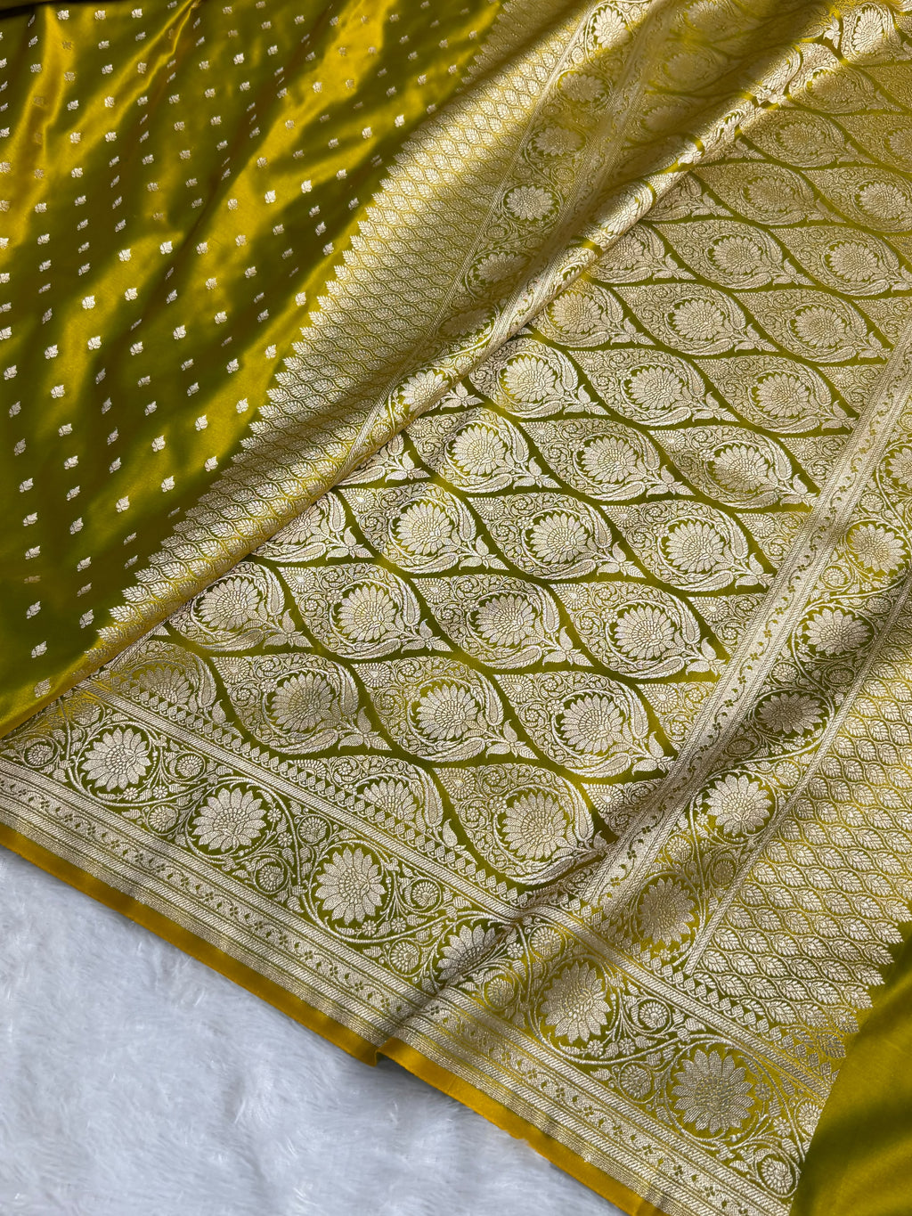 Banarasi Mashru Satin Silk Saree Booti Pattern Mahndi Gold Shades MSK25