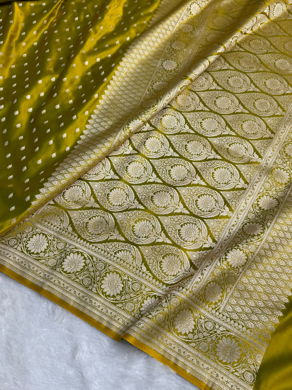 Banarasi Mashru Satin Silk Saree Booti Pattern Mahndi Gold Shades MSK25