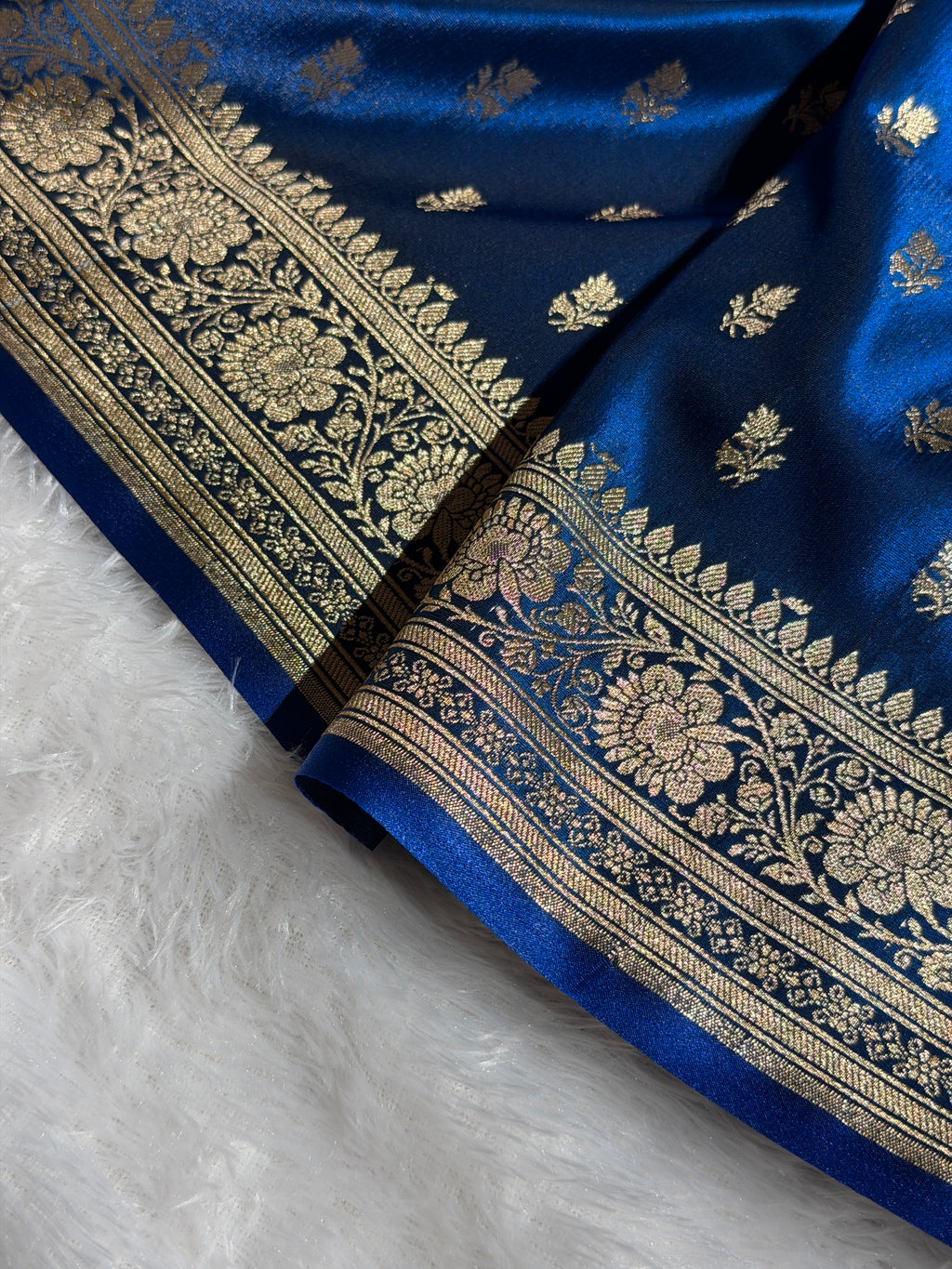 Banarasi Satin Silk Saree Cross Pattern in German Blue Shades SS02