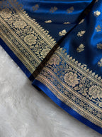 Banarasi Satin Silk Saree Cross Pattern in German Blue Shades SS02