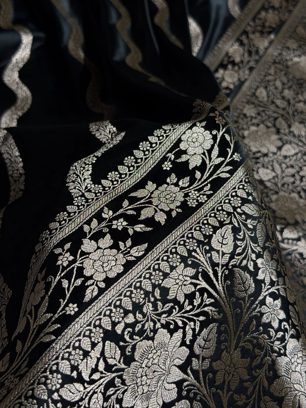 Banarasi Mashru Satin Silk Saree Cross Pattern Black Shades MSK12