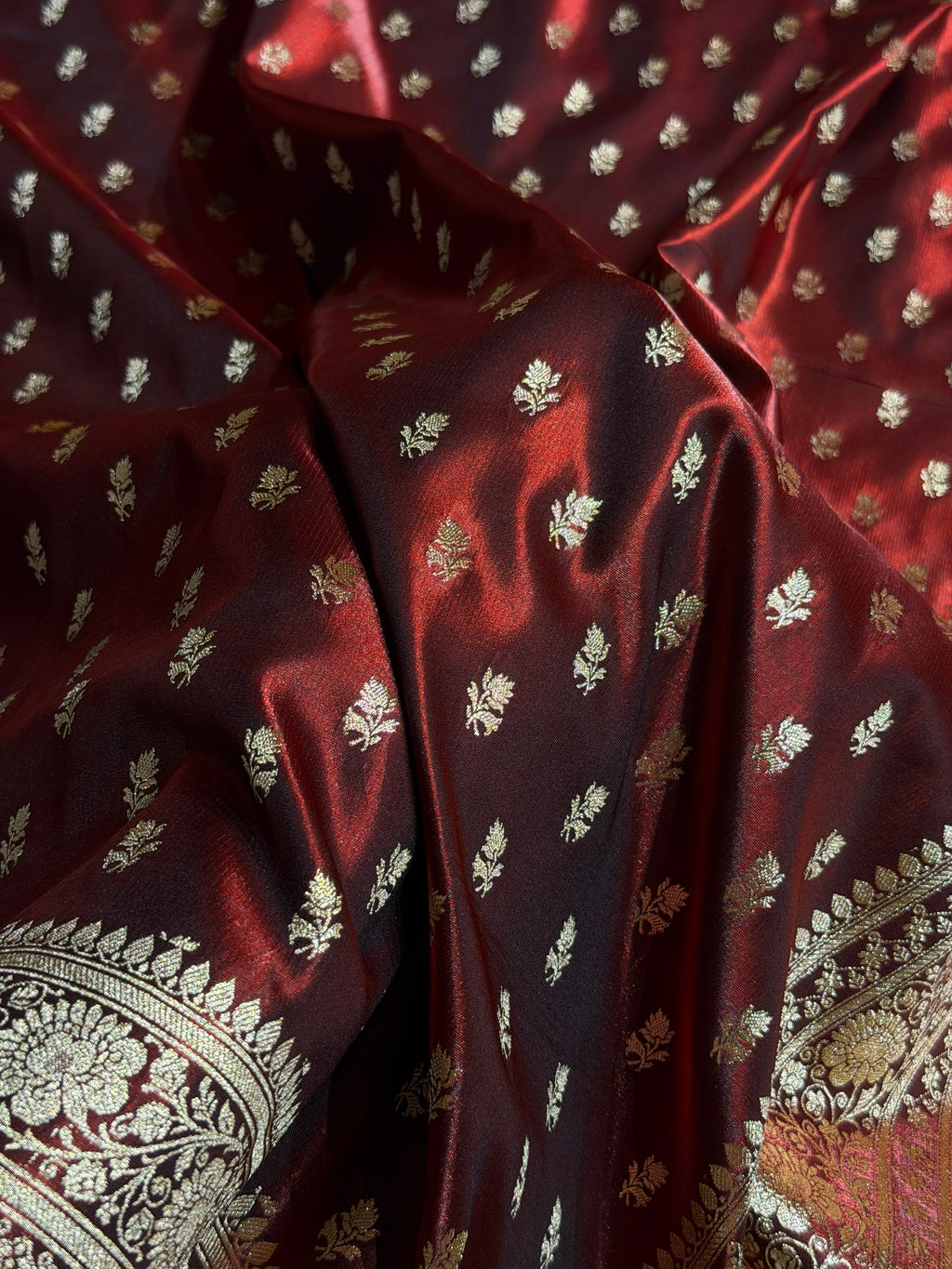 Banarasi Satin Silk Saree Cross Pattern in Maroon Shades SS02