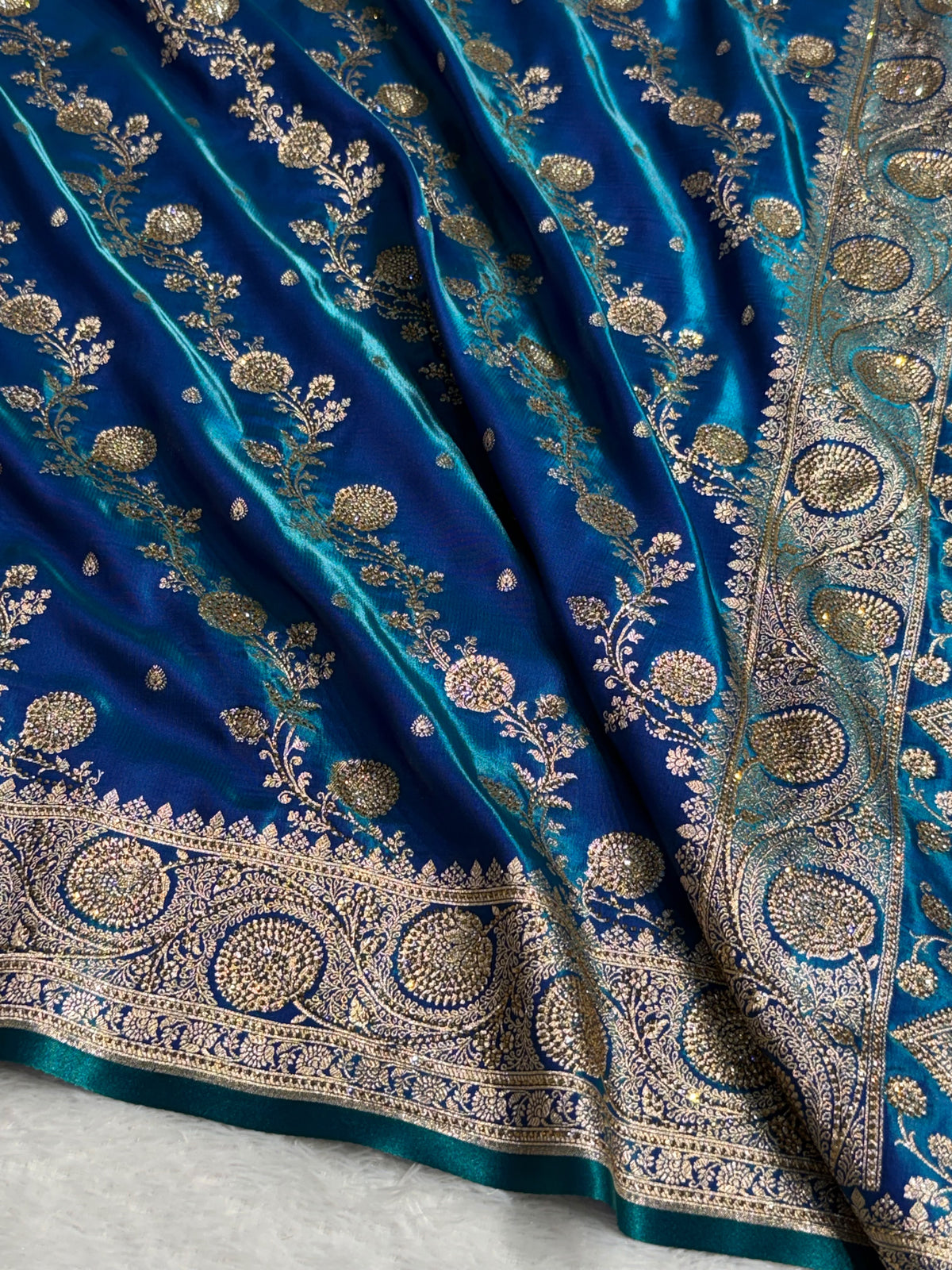 Bridal Satin Silk Saree With Swarovski Stone Work Cross Pattern Peacock Shades BSS01