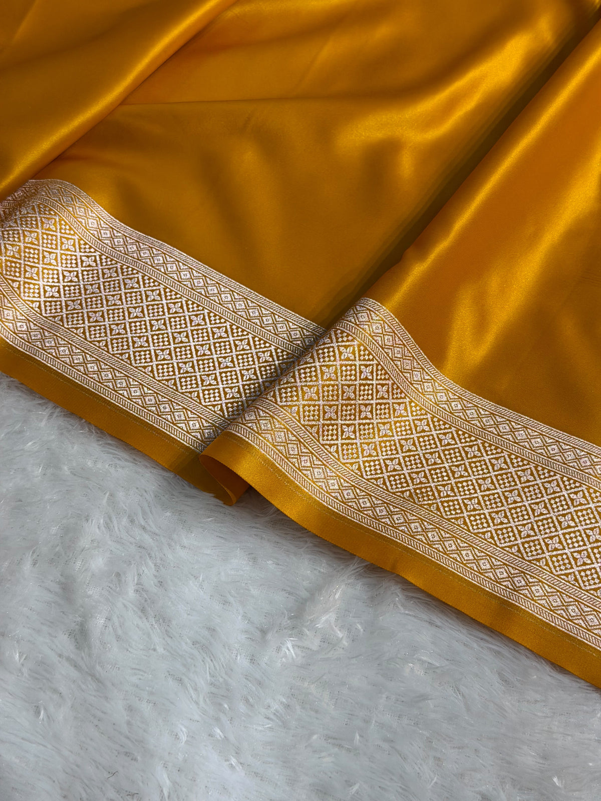 Banarasi Satin Katan Silk Saree Plain body with Minakari Pallu Pattern in Mustard Yellow Shades SK17
