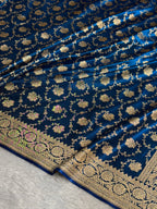 Banarasi Satin Silk Saree Jaal Pattern in German Blue Shades SS04
