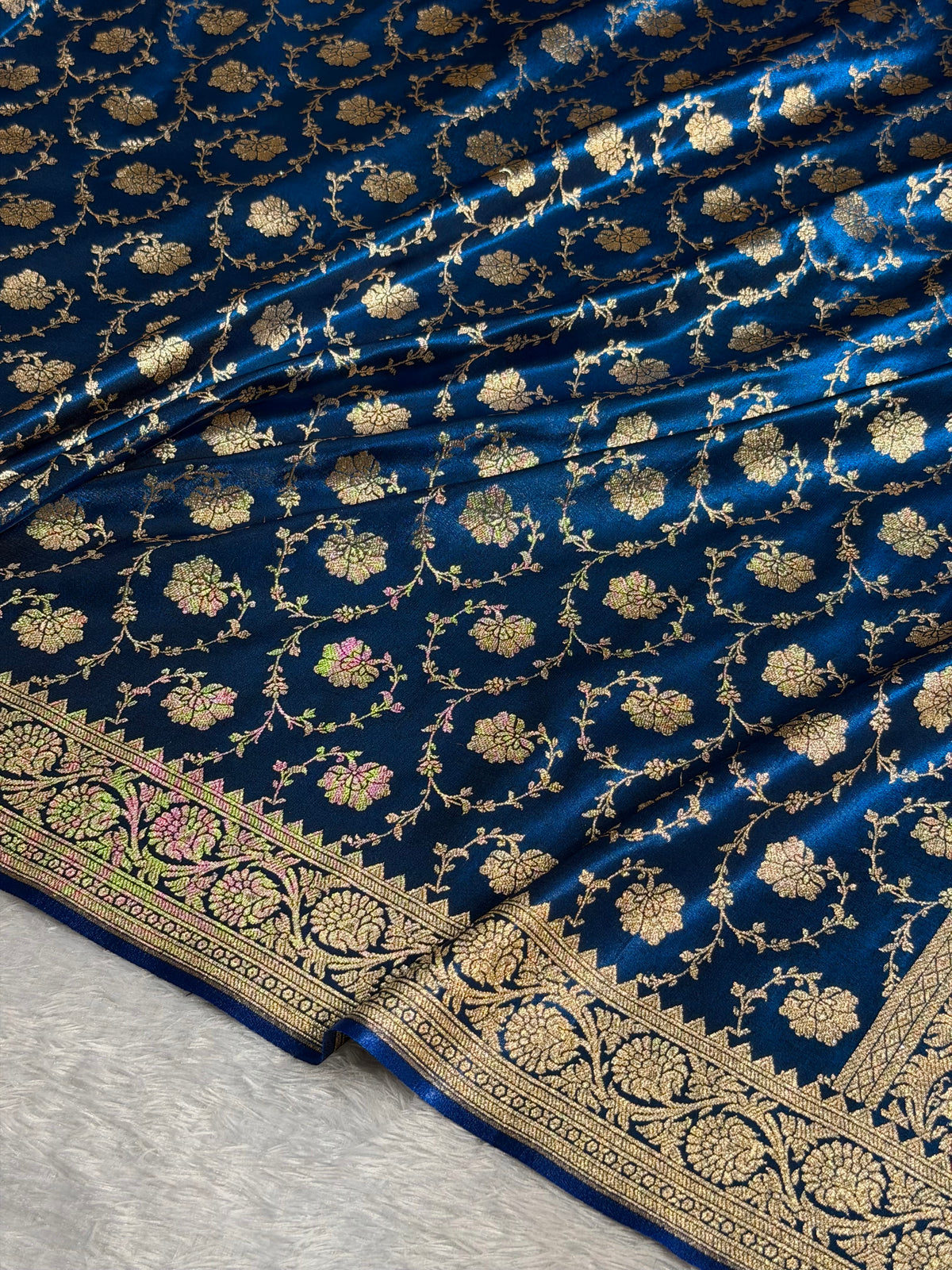 Banarasi Satin Silk Saree Jaal Pattern in German Blue Shades SS04