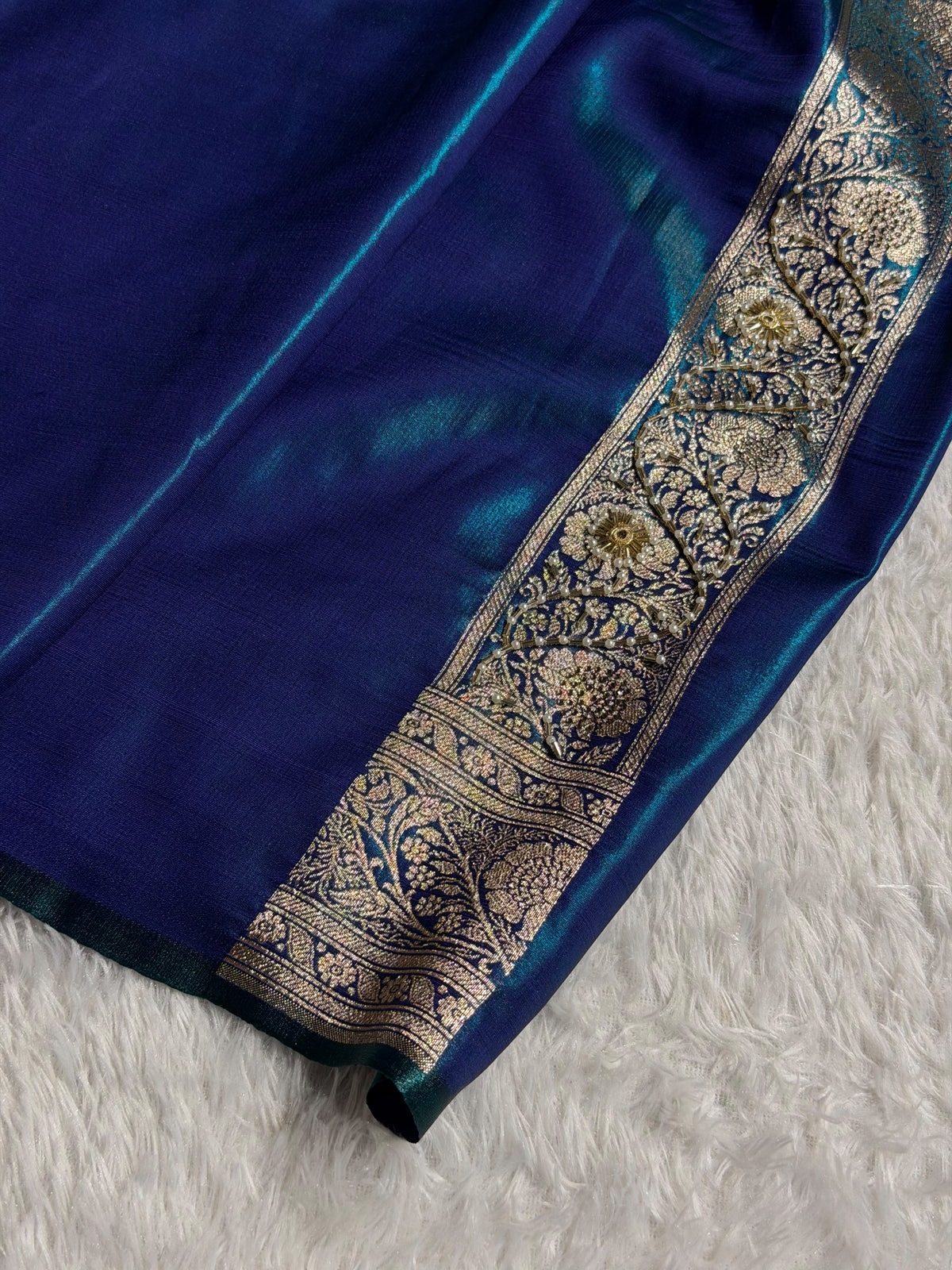 Banarasi Satin Silk Saree With Pearl Aari Work Jaal Pattern in Peacock Shades BSS12