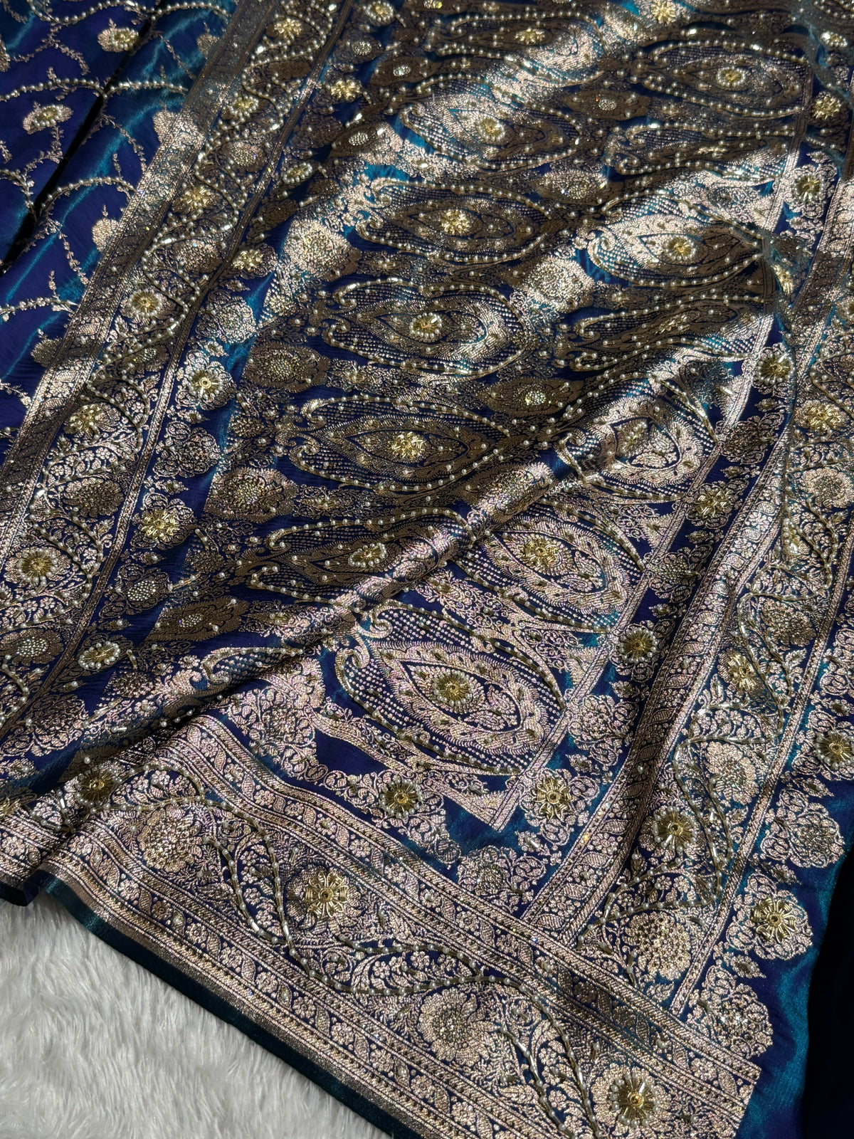 Banarasi Satin Silk Saree With Pearl Aari Work Jaal Pattern in Peacock Shades BSS12