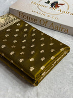 Banarasi Satin Silk Saree Cross Pattern in Mahndi Gold Shades SS02