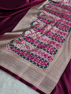 Banarasi Satin Katan Silk Saree Plain body with Minakari Pallu Pattern in Wine Shades SK17