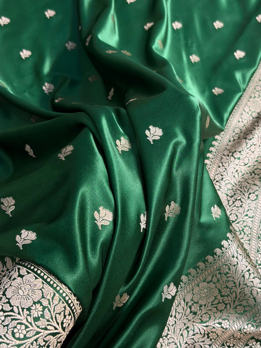 Banarasi Mashru Satin Silk Saree Floral Booti Pattern In Green Shades MSC15